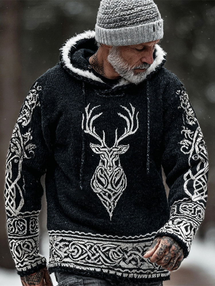 Comstylish Viking Celtic Knot & Elk Men's Fur Trim Hooded Sweater