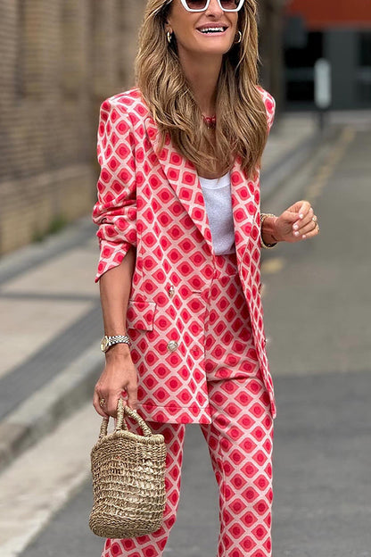 Lady Unique Print Metal Button Pocketed Lapel Blazer and Elastic Waist Flare Pants Set