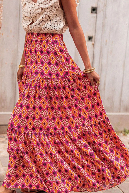 Rose Print Tiered Maxi Skirt