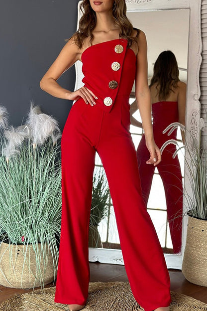 Color Tube Top Gold Button Embellished Bootcut Jumpsuit