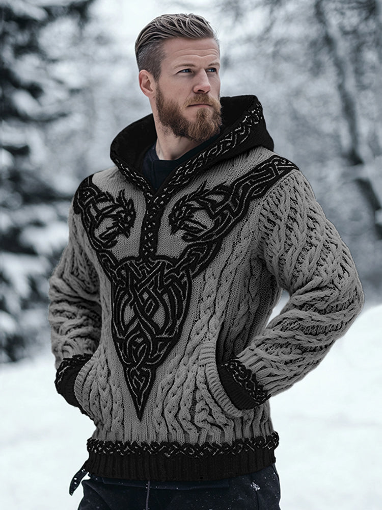 Men's Viking Celtic Contrast Cozy Chunky Hooded Sweater elevenforest