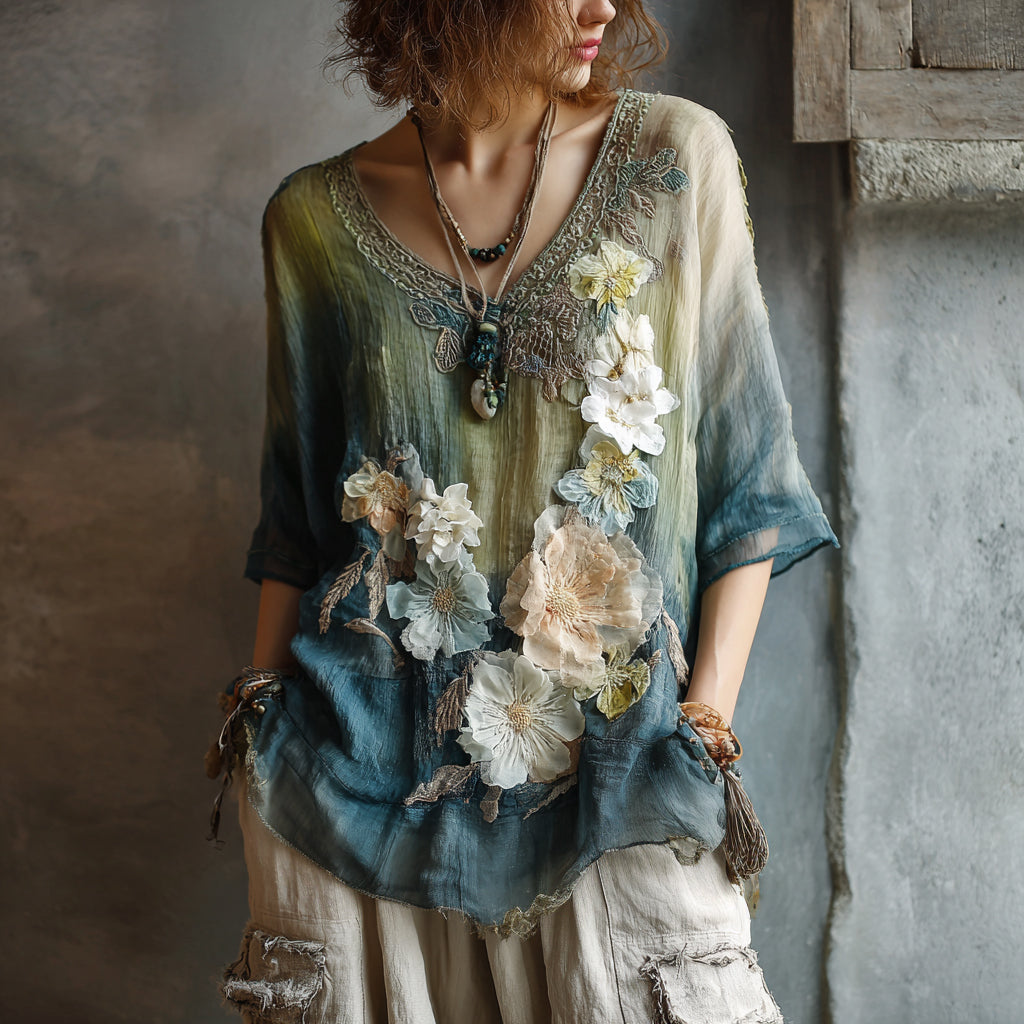 Women's Vintage Oil Painting Floral Art V-neck Shirt elevenforest