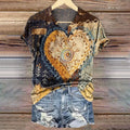 Women's Retro Ethnic Style Heart Shaped Collage Art Print V-neck Casual T-shirt elevenforest
