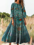 Women's Vintage Floral Art Print Flowy Cotton Crew Neck Dress