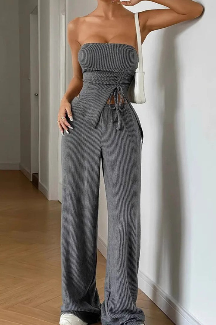 Wrap Front Split Hem Top Straight Pants Set