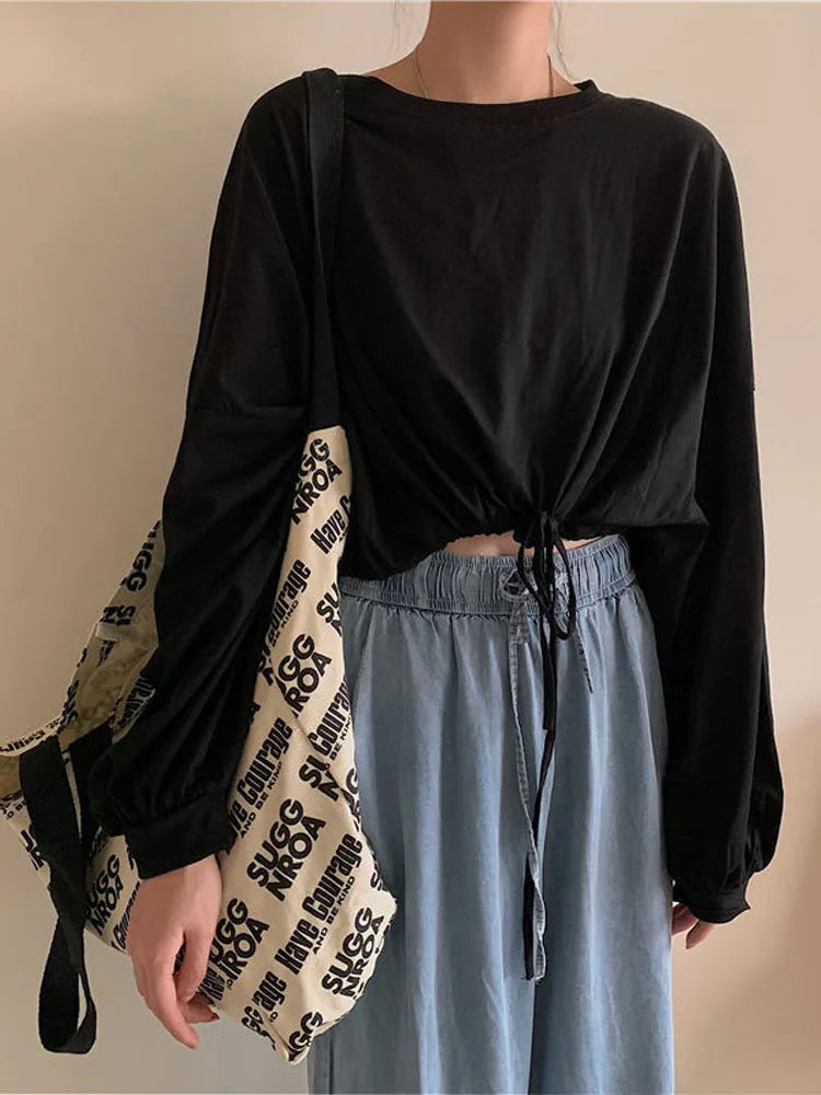 Long Sleeve T-shirts Crop Top Soft Daily Loose Slouchy Drawstring Hem O-neck Basic Femme Tees
