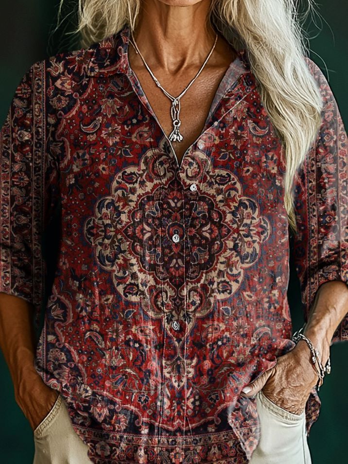 Women's Vintage Ethnic Tattoo Pattern Art Print Casual Cotton Shirt