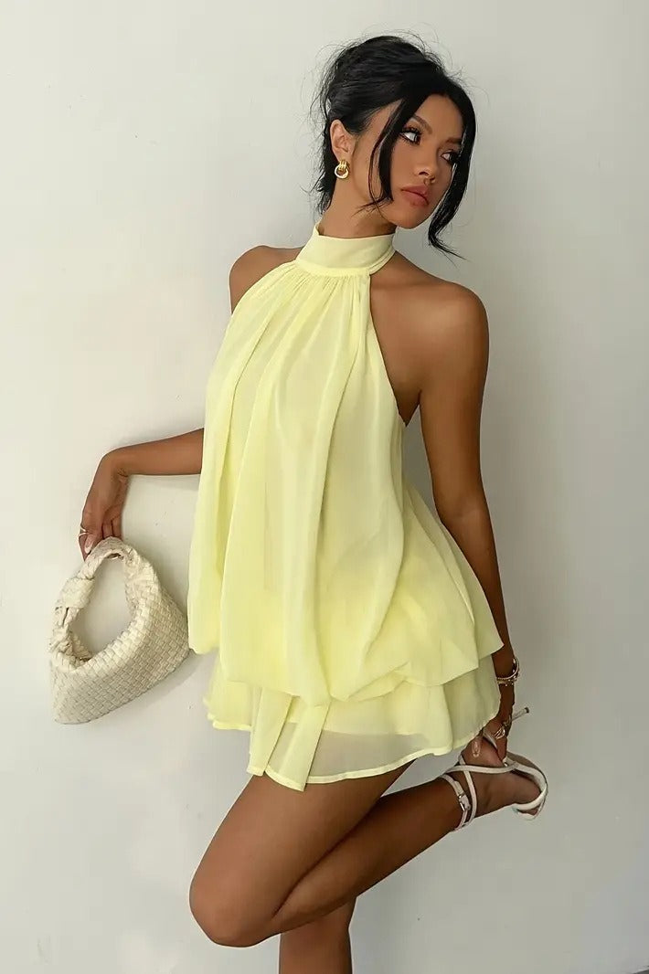 Backless Halter Tie Waist Slim Fit Ruffled Mini Dress