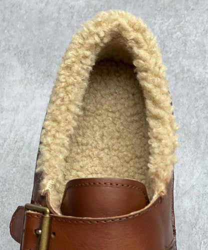 Coffee Flat Shoes for Cowhide Leather Fuzzy Wool Lined Flat Shoes for