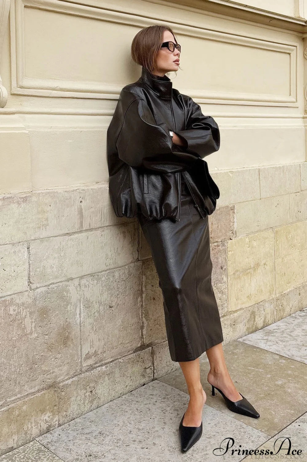 Pu Leather Midi Slit Skirt