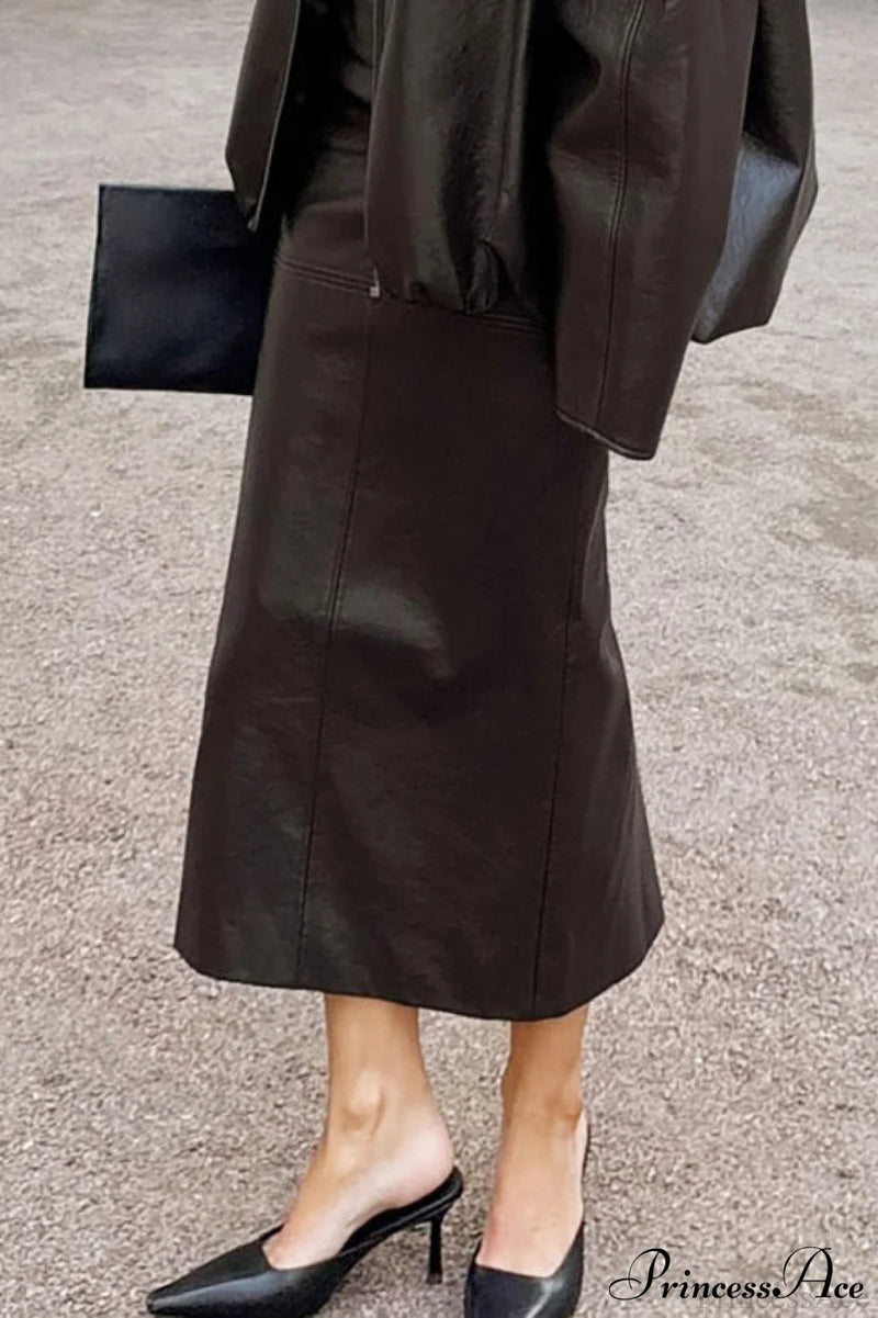 Pu Leather Midi Slit Skirt