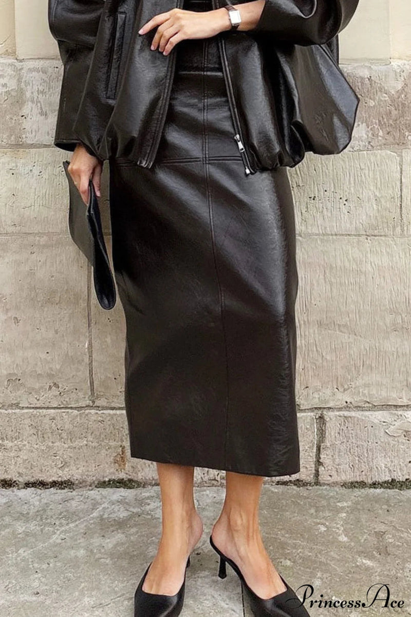 Pu Leather Midi Slit Skirt