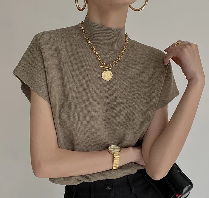 Short Sleeve Stand-up Collar Knitted Sweater