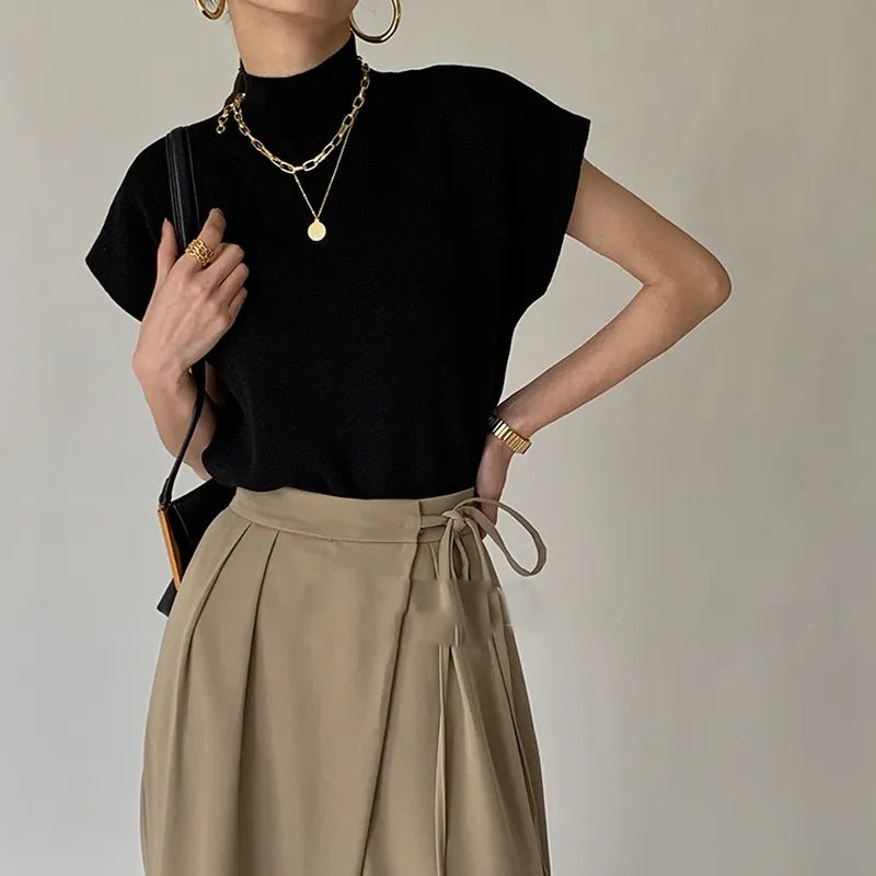 Short Sleeve Stand-up Collar Knitted Sweater