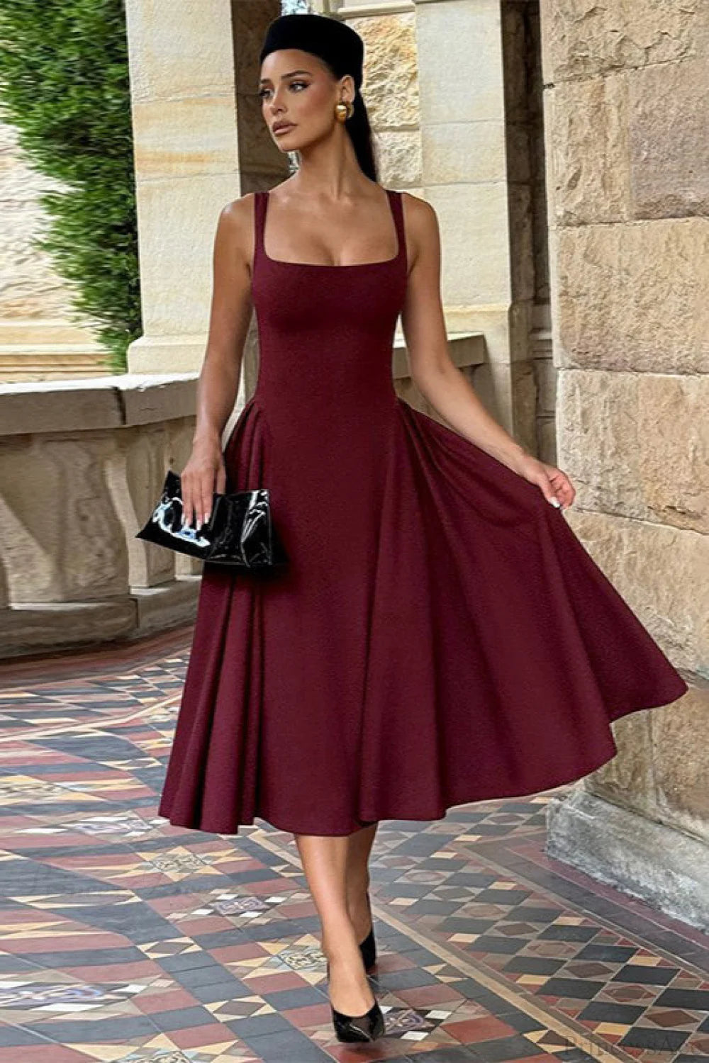 Square Neck Backless Fitted Cami Maxi Dress