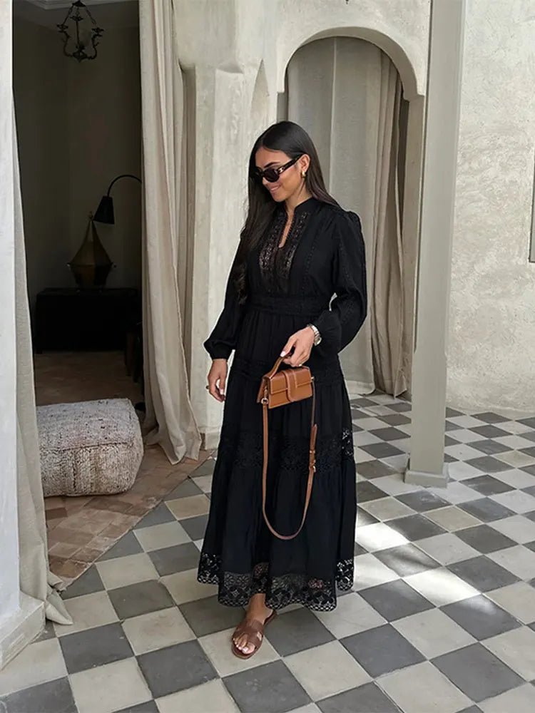 Stand Collar Lantern Sleeve Maxi Dress | Loose Lace Hollow Out Dresses