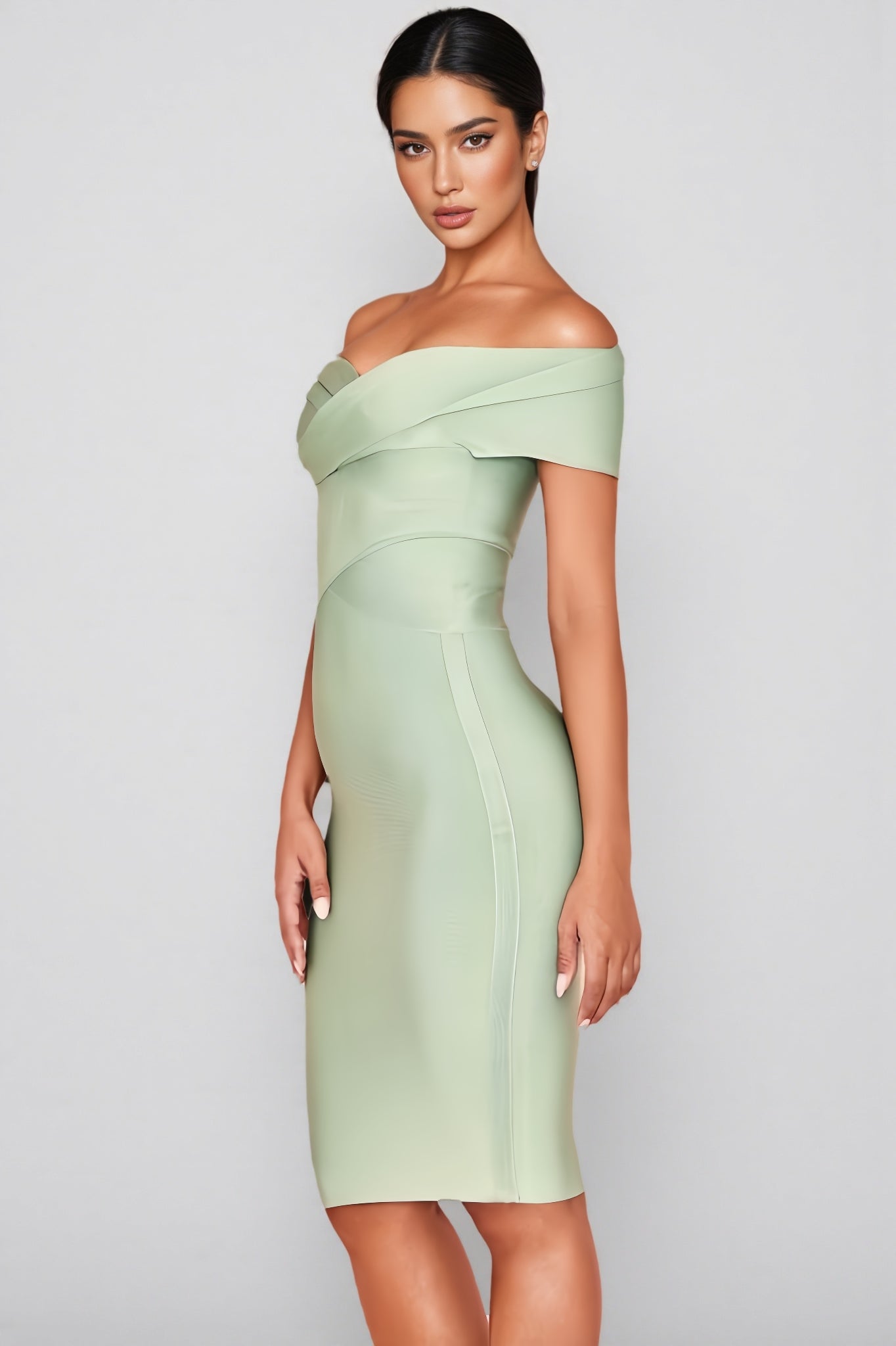 Keira Light Green Open-shoulder Maxi Dress