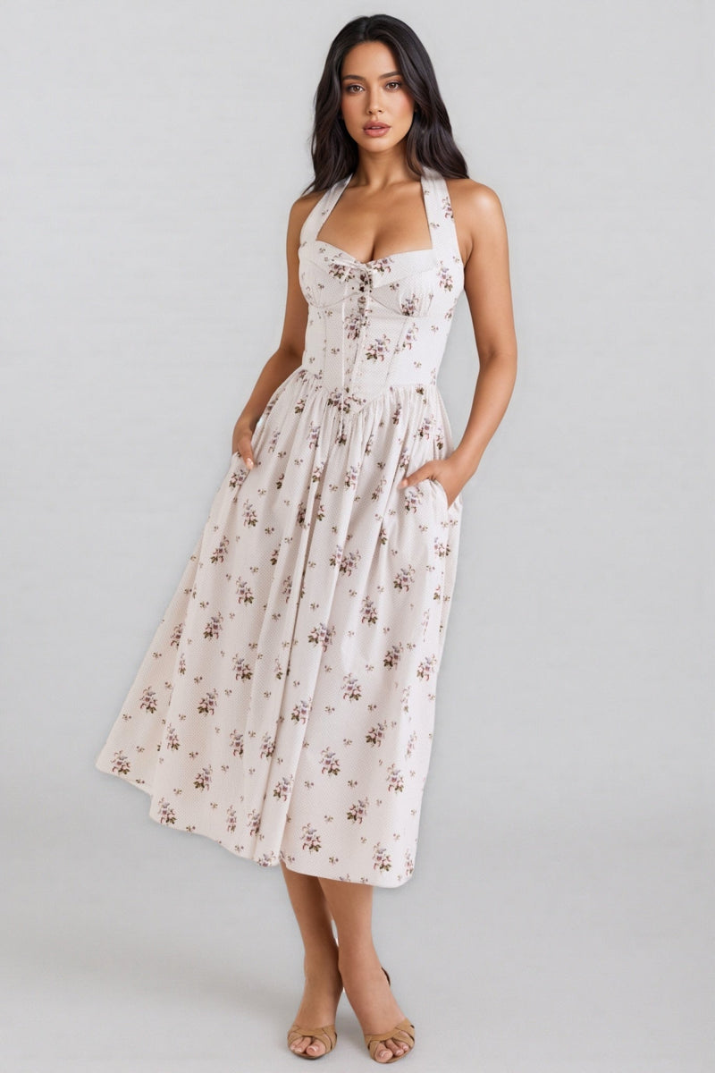 Zinnia Print Stretch Cotton Halter Neck Midi Dress