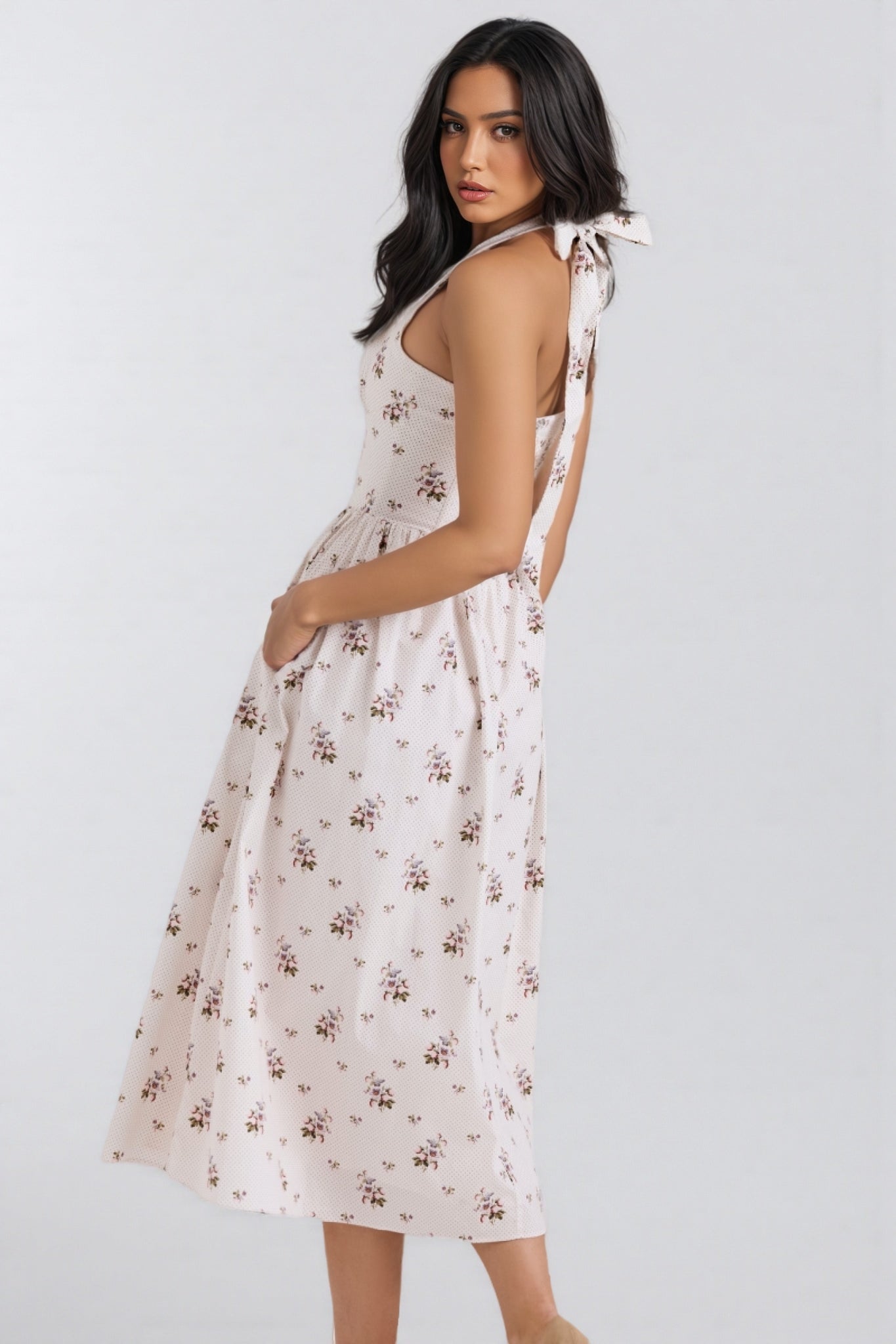Zinnia Print Stretch Cotton Halter Neck Midi Dress