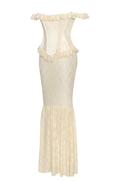 Satin Lace Peplum Corset Off Shoulder Maxi Dress