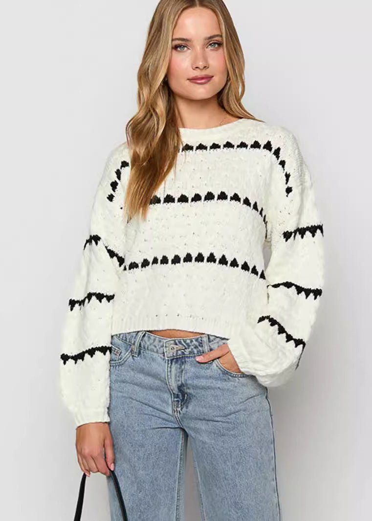 Oversized Thick Knit Twist Stripe Pullover - Sweater