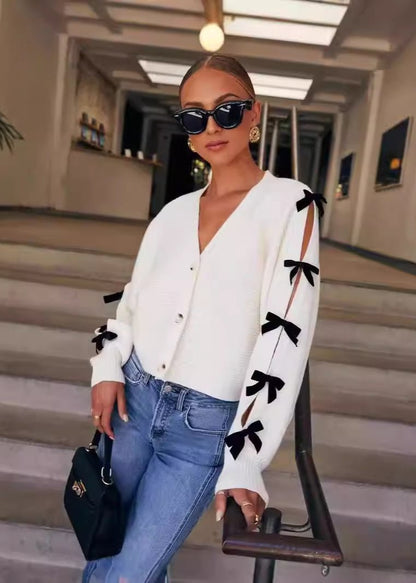 V-neck Knit Cardigan With Bow Accents