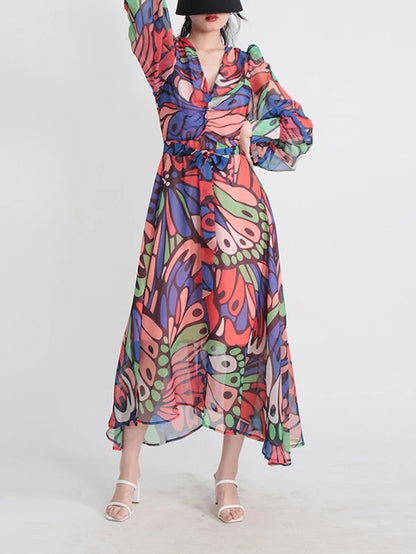 High Waisted Long Sleeves Buttoned Printed Split-joint V-neck Midi Dresses