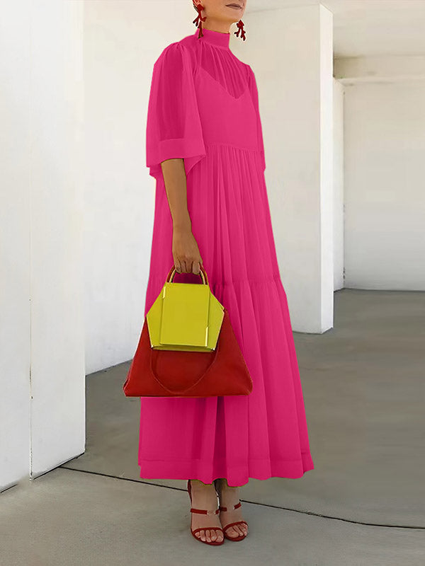 Loose Color Split-joint Inner Dress + Mesh Pleated Mock Neck Outer Dress Two Pieces Set
