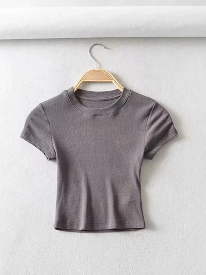Summer O-neck Short-sleeve T-shirt Slim Elastic Skinny Crop Tops
