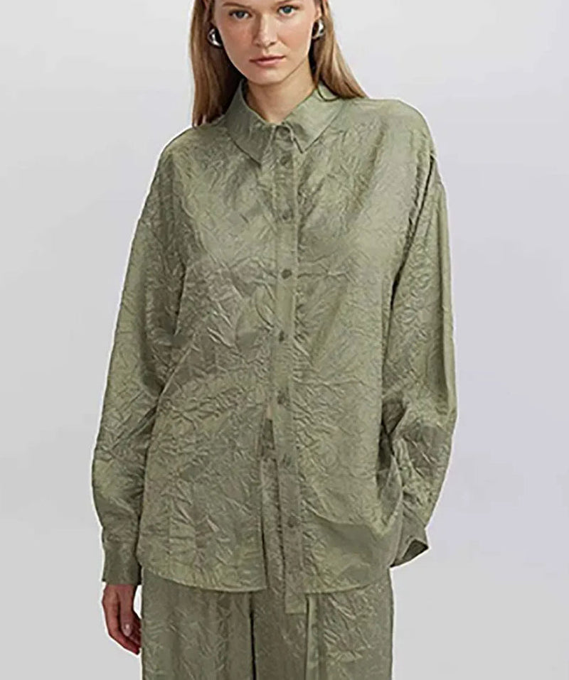 Green Pleated Drawstring Trousers Office Two Piece Set