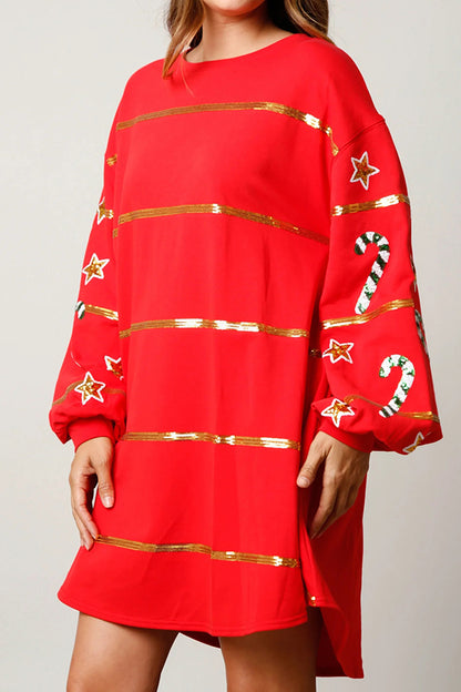 Christmas Candy Sequin Loose Long Sleeve Mini Dress