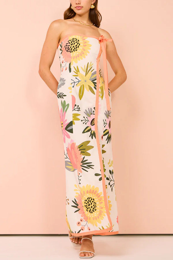 Inessa Linen Blend Print Strapless Wrap Bow Maxi Dress