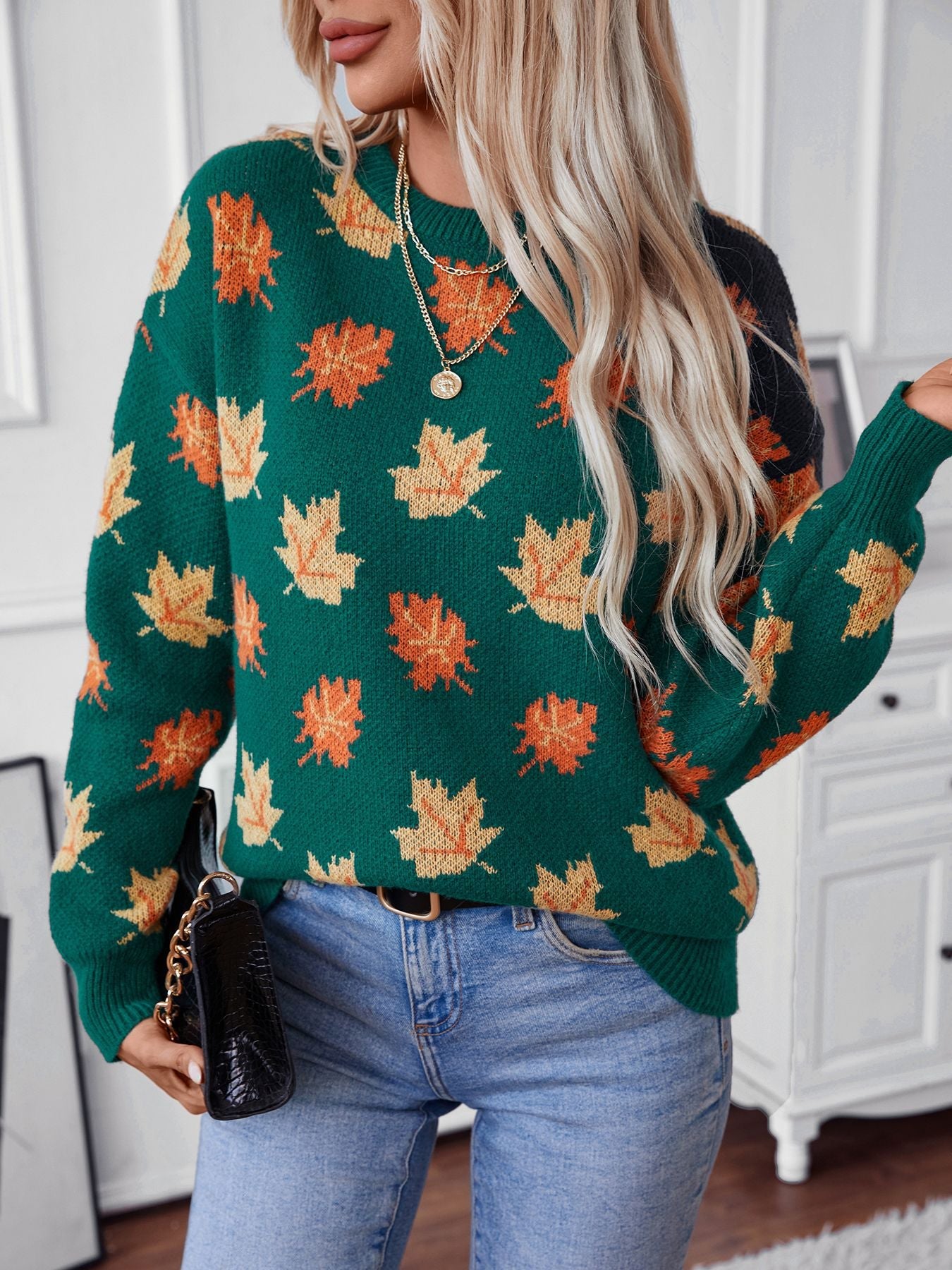 Maple Leaf Pattern Jacquard Pullover Sweater for