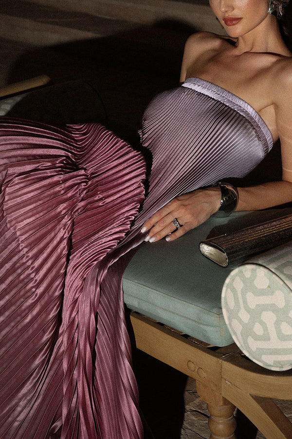 Styling Satin Pleated Elastic Bust Strapless A-line Gown Maxi Dress