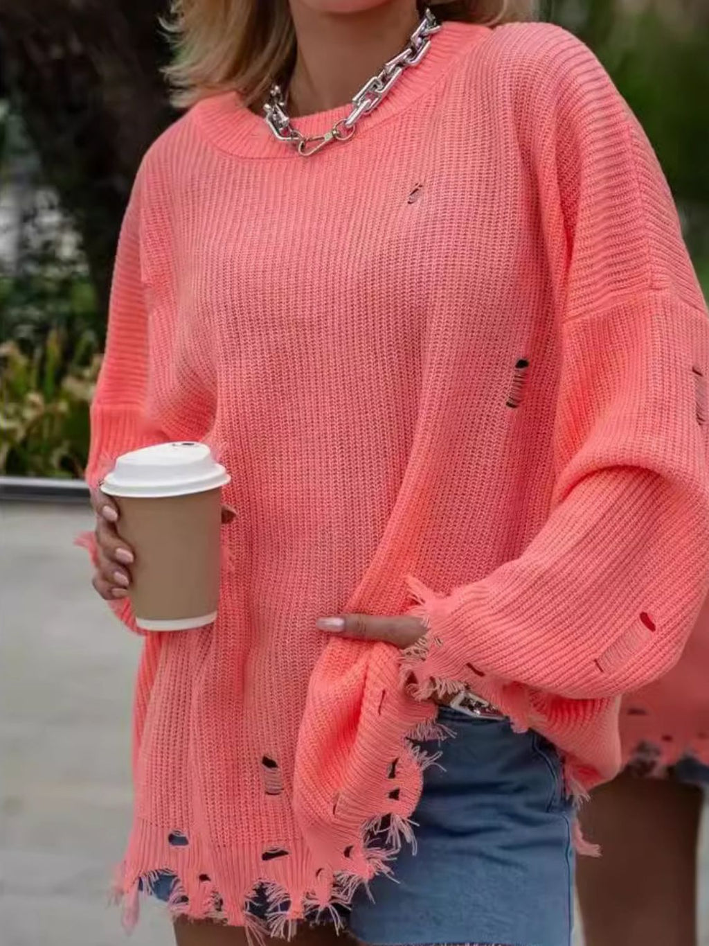 Brigitta® | Long-sleeved crew-neck sweater with a distressed look