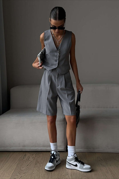 V Neck Single Breasted Two Piece Vest Shorts Set