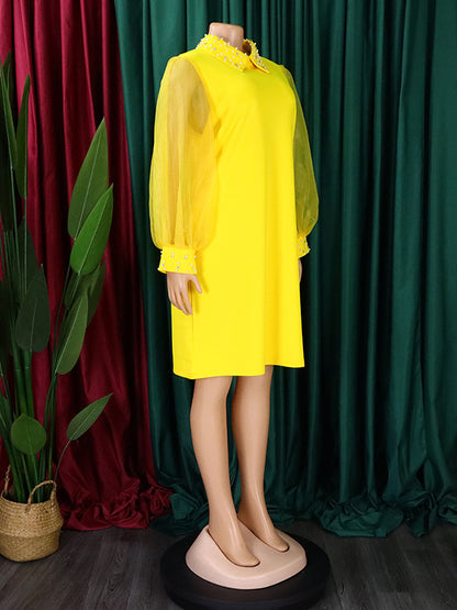 Puff Sleeves Beads Mesh Color Split-joint Round-neck Midi Dresses