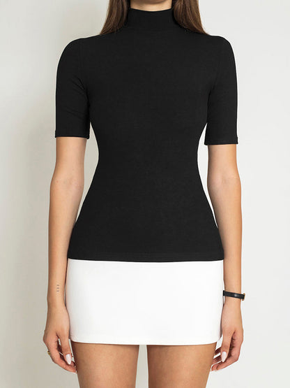 Short Sleeves Skinny Contrast Color Split-joint High Neck Mini Dresses