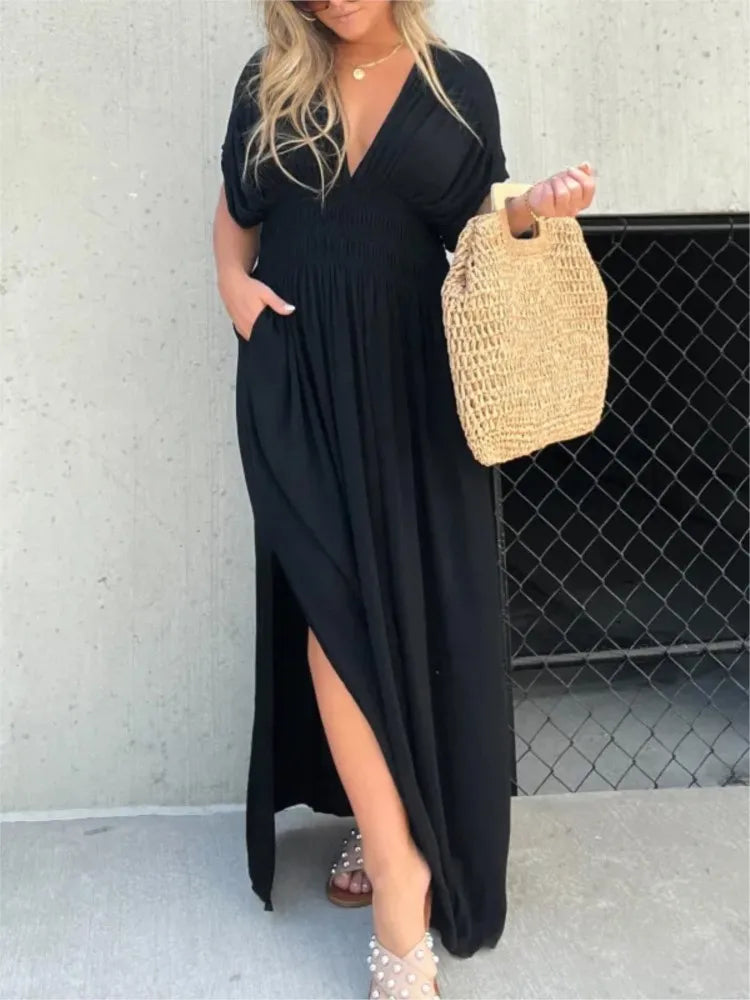 Color Long Dresses Summer New V-neck Backless Leace-up Bat Sleeve Slit Dress Beach Vacation Vestidos