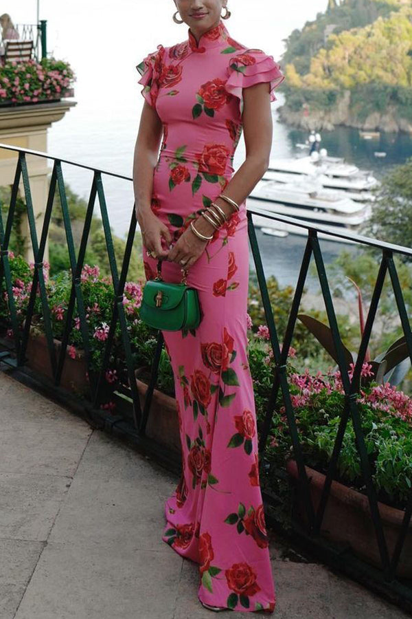 Party Cheongsam Style Rose Print Layered Flared Sleeve Elastic Long Skirt