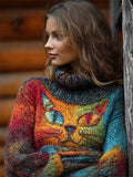 Comstylish Vintage Cat Face Gradient Colorful Cozy Chunky Turtleneck Sweater
