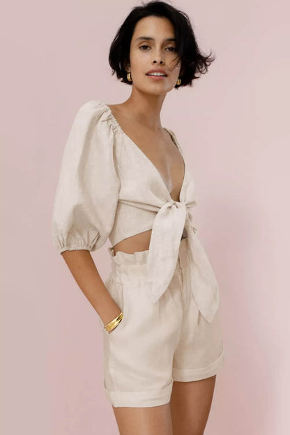 Linen Wrap Front Tie Puff Sleeve Shorts Sets in Khaki