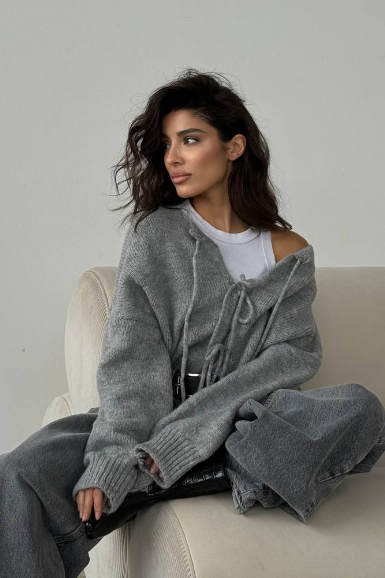Color Bow Tie Long Sleeve Knit Cardigan