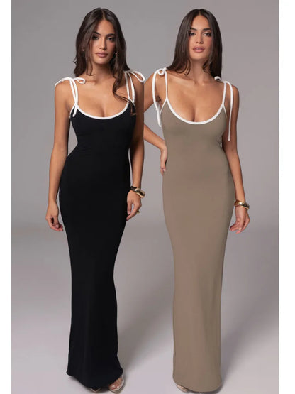 Spaghetti Strap High Elastic Tight Long Dress V-neck Backless Bodycon Autumn Party Evening Dress