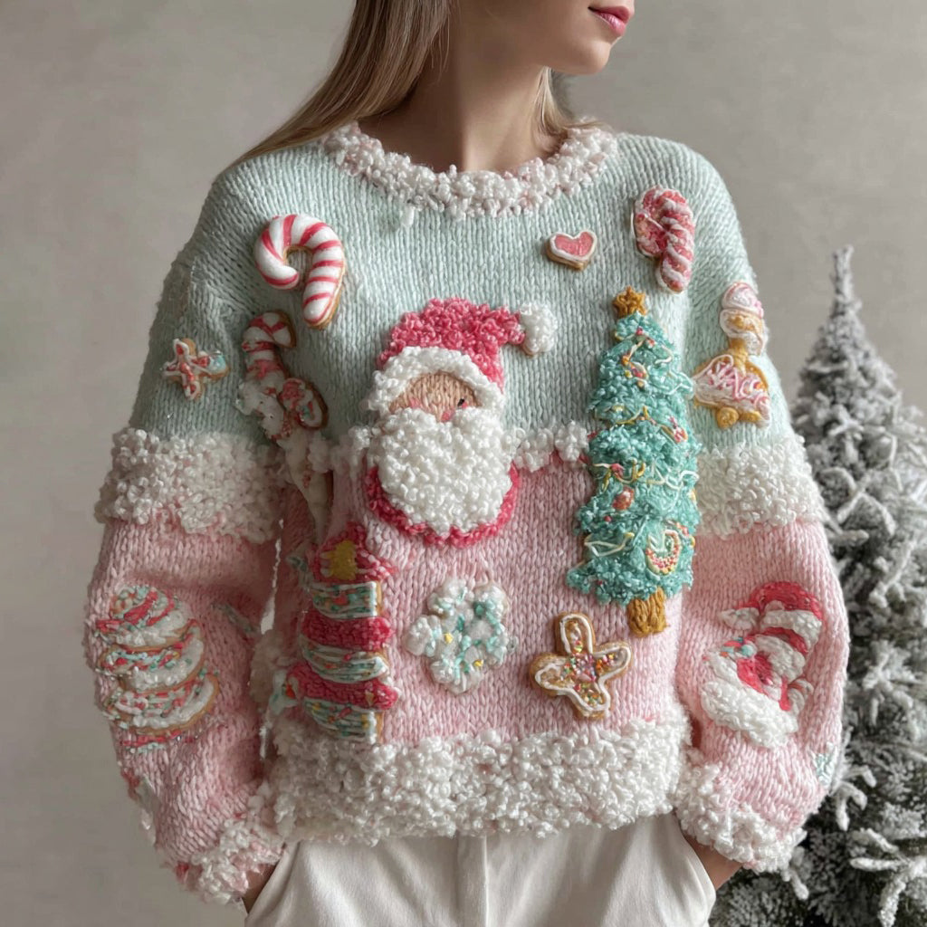 Comstylish Women's Christmas Candy Embroidery Crew Neck Sweater