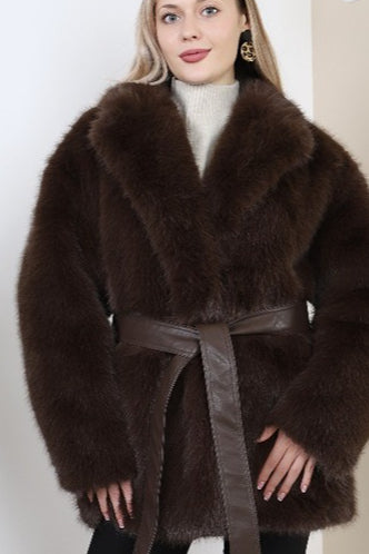 Thick Warm Faux Fox Fur Mid-length Belted Coat