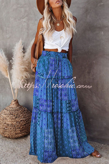 Print Stretch Elastic Waist Pocket High Waist Skirt