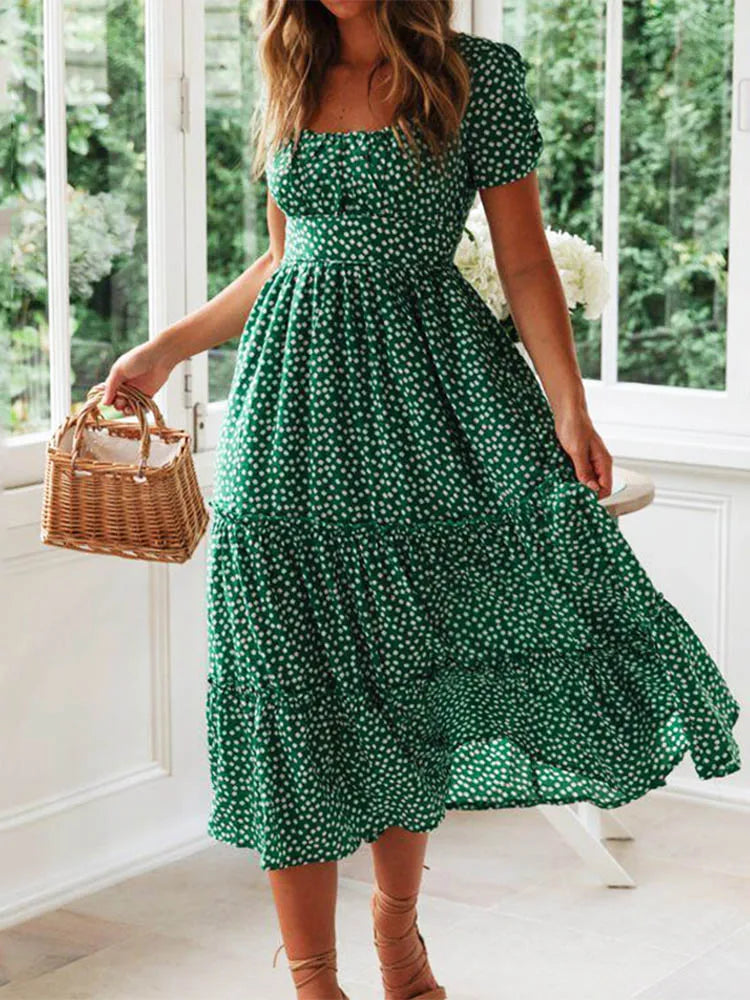 Vestidos Print Puff Sleeve Summer Beach Sweet Dresses Square Collar Maxi Long Dress Festa