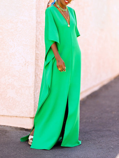 Batwing Sleeves Loose Color Split-side V-neck Maxi Dresses