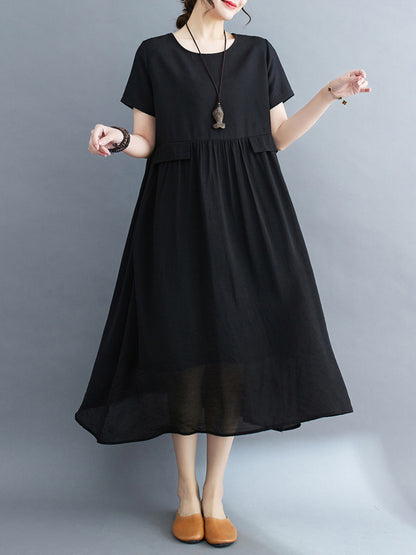 Loose Short Sleeves Gauze Color Split-joint Round-neck Midi Dresses